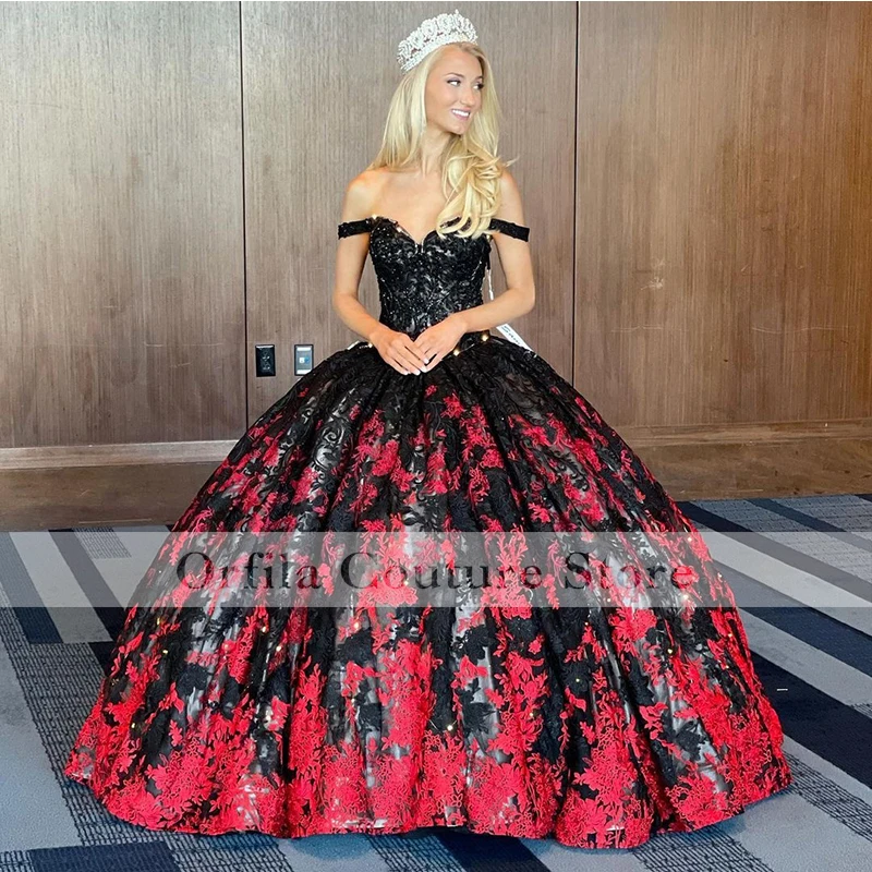 Red Black Quinceanera Dress Customized Off Shoulder Appliques Lace Party Sweet 16 Gown Vestidos De 15 Años XV