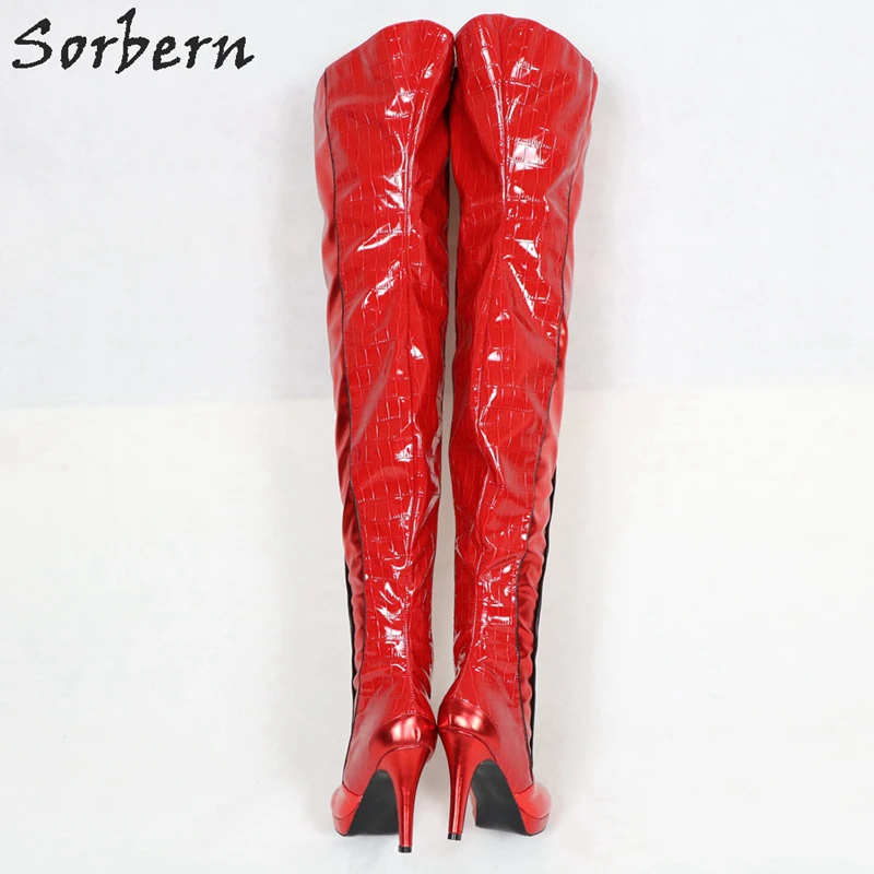 Sorbern Personalizzato Rosso Crespi Stivali Sopra Gli Stivali Al Ginocchio In Base Alle Immagini Lace Up Coscia Alta Piattaforma Numero di scarpe