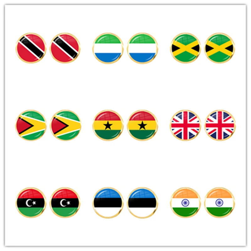 Flaga narodowa 12mm kolczyki sztyfty trynidad, sierra leone, jamajka, gujana, Ghana, wielka brytania, libia, estonia, indie szklana biżuteria dla kobiet dziewczyn