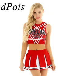 2Pcs Women Adult Cheerleading Uniform Cheerleader Cosplay Costume Set CHEER 666 Printed Sleeveless Crop Top + Mini Pleated Skirt