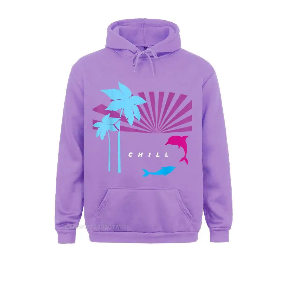 Long Sleeve Hoodies Men's Vaporwave Retro CHILL Vibes Dolphin Sunset Palm Tree Dolphin Hoodie Design Clothes Slim Fit