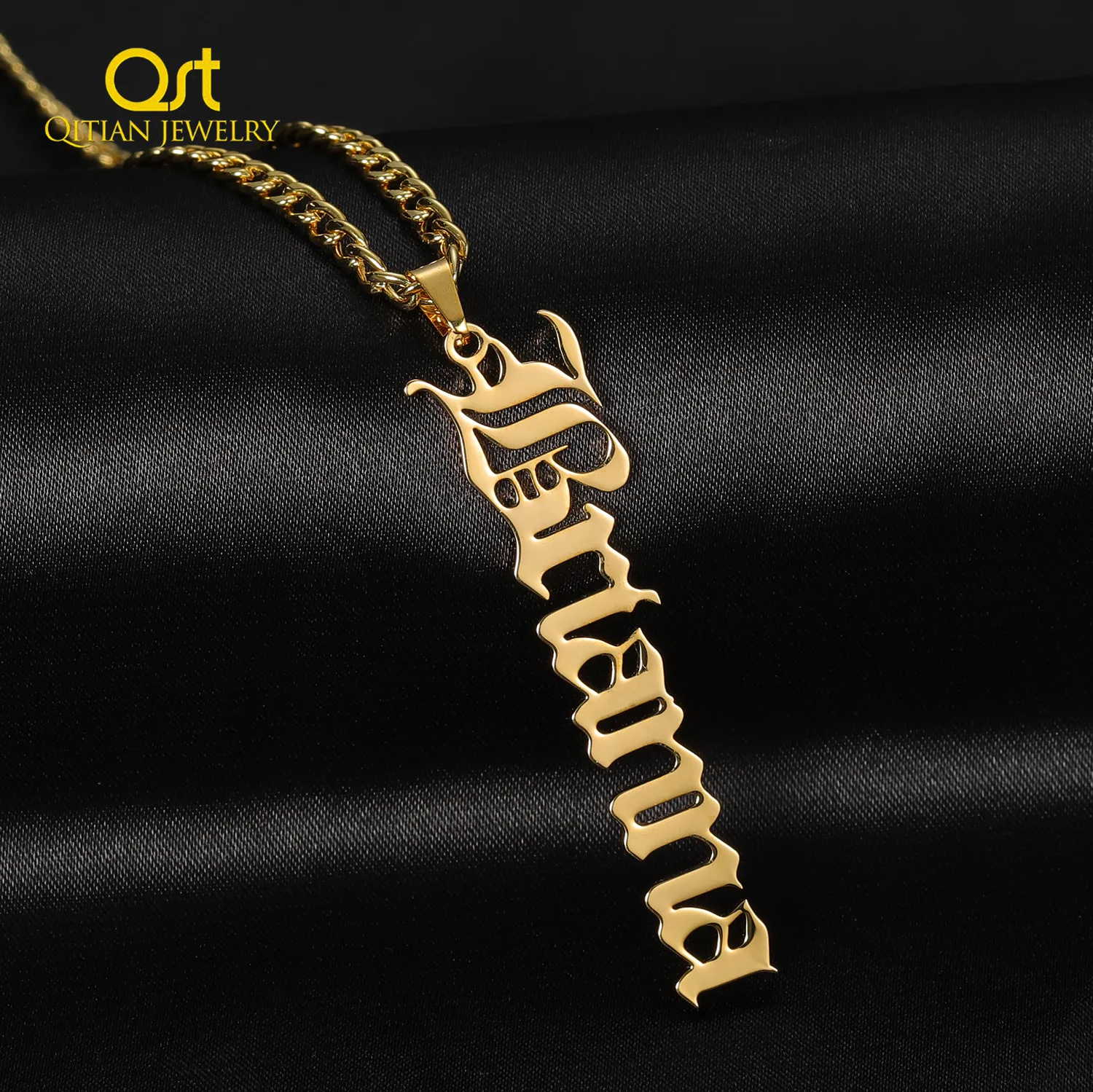 Personalized Vertical Old English Nameplate Name Necklace 18Kgold plated Stainless Steel Choker Vertical Pendants Christmas Gift