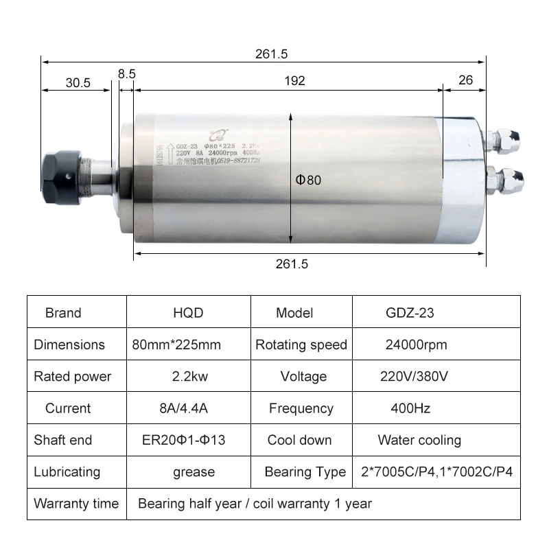 2.2kw ER20 Water-Cooled Spindle Kit CNC Spindle Motor 80*225&VFD Inverter&Submersible Pump&80mm Clamping Bracket CNC Router