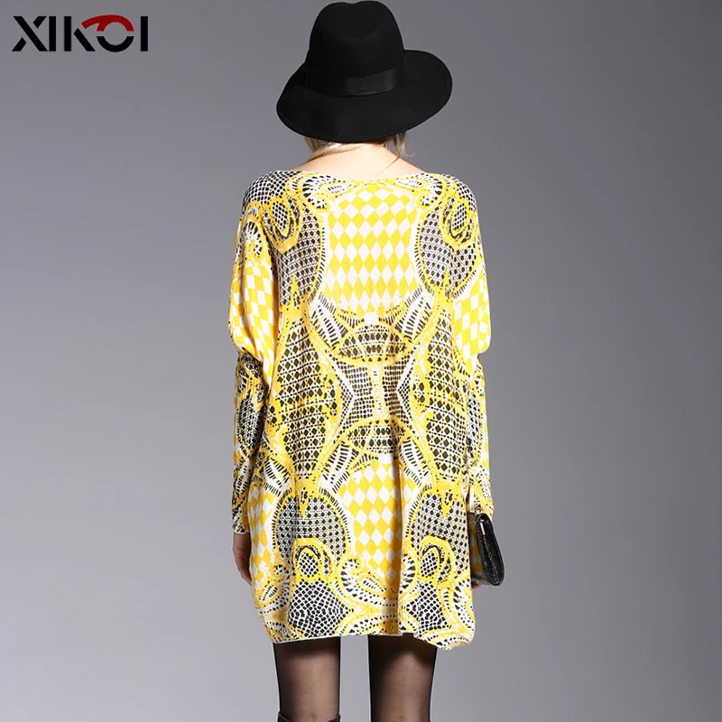 XIKOI Fall New Sweater Women Oversized Yellow Dress Casual Print Knitted Pullovers Winter Fashion Long Batwing Sleeve Pull Femme