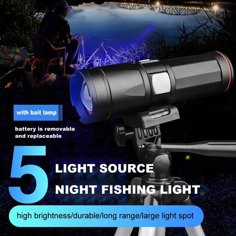Powerful Flashlight LED Night Fishing Light Zoomable Outdoor Waterproof Torch 4 Color USB Rechargeable Bait Lamp Power Display