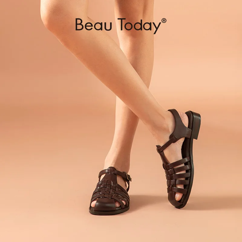 

BeauToday Gladiator Sandals Women Genuine Cow Leather Cover Toe Ankle Buckle Strap Beach Ladies Retro Flat Shoes Handmade 33037