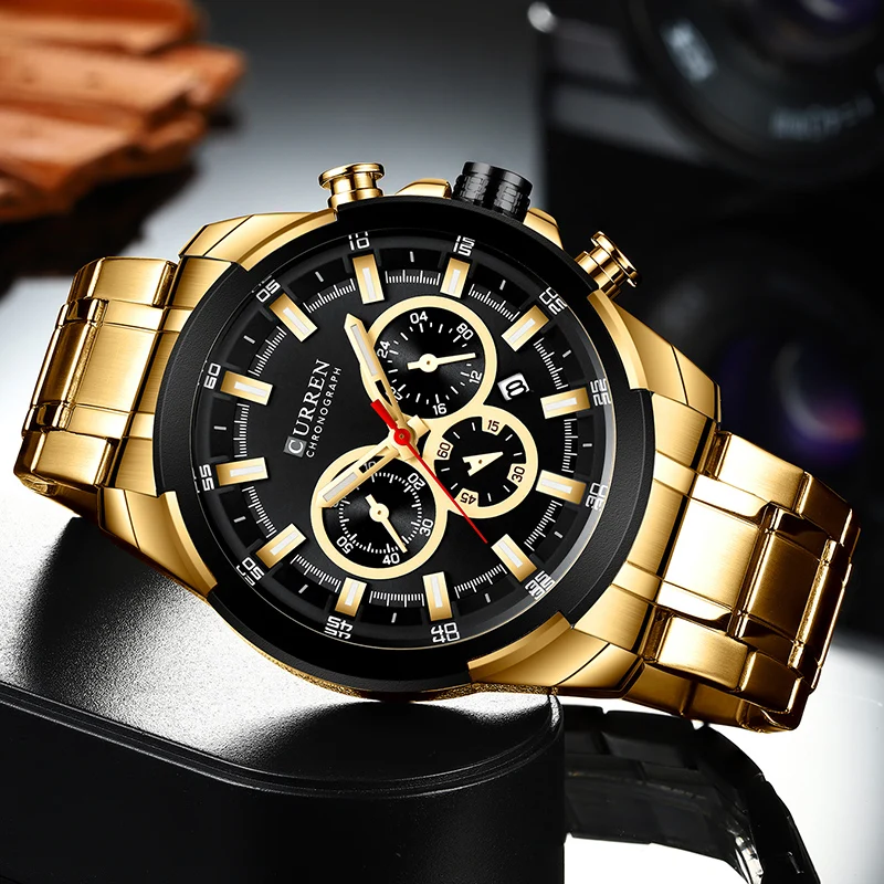 CURREN Men’s Watches Top Brand Big Sport Watch Luxury Men Military Steel Quartz Wrist Watches Chronograph Gold Design Male Clock