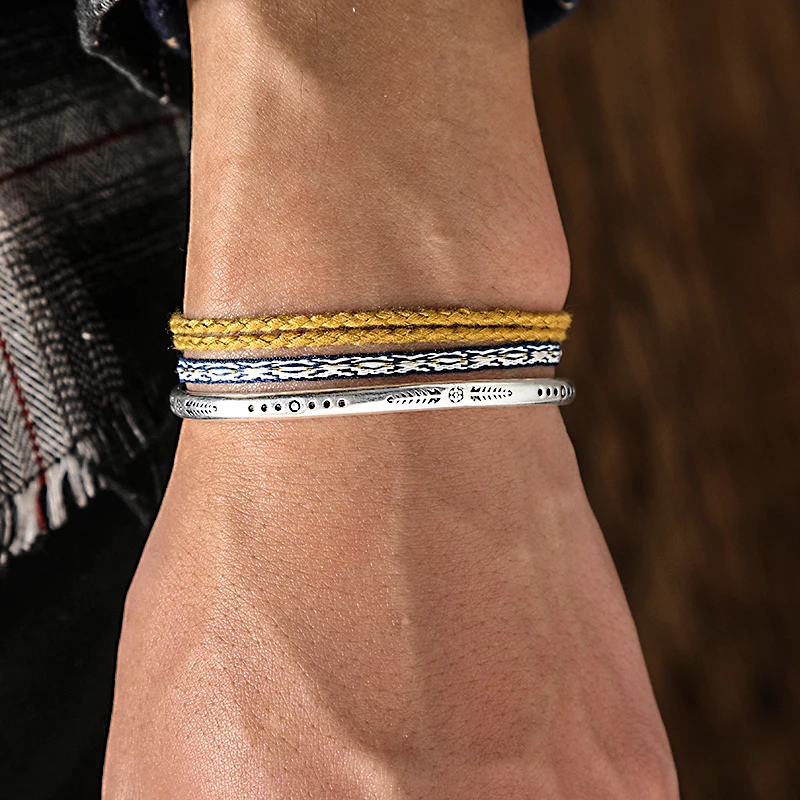 

Tibetan Handmade Weave Friendship Rope Chain Tassel Bracelet On Hand Silver Color Leaf Cuff Bangle For Women Men Lucky Jewelry