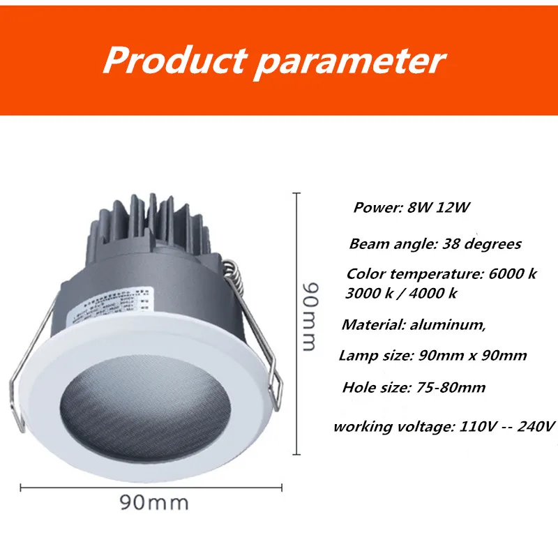8W12W Waterproof LED Bathroom Recessed Fog Light IP65 for Kitchen Shower Hotel Shower