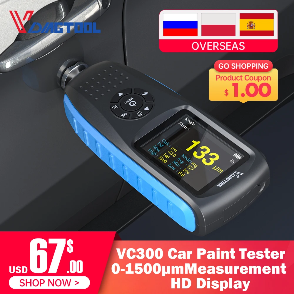 VDIAGTOOL VC300 Coating Thickness Gauge  0.1micron/0-1500 VC200 Car Paint Tester FE/NFE Measure Car Paint Film Thickness Tester