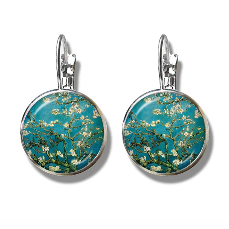 Retro Van Gogh Art Starry Night Sunflower Stud Earrings 16mm Glass Cabochon Dome Silver-plated Earrings Jewelry For Women Girls