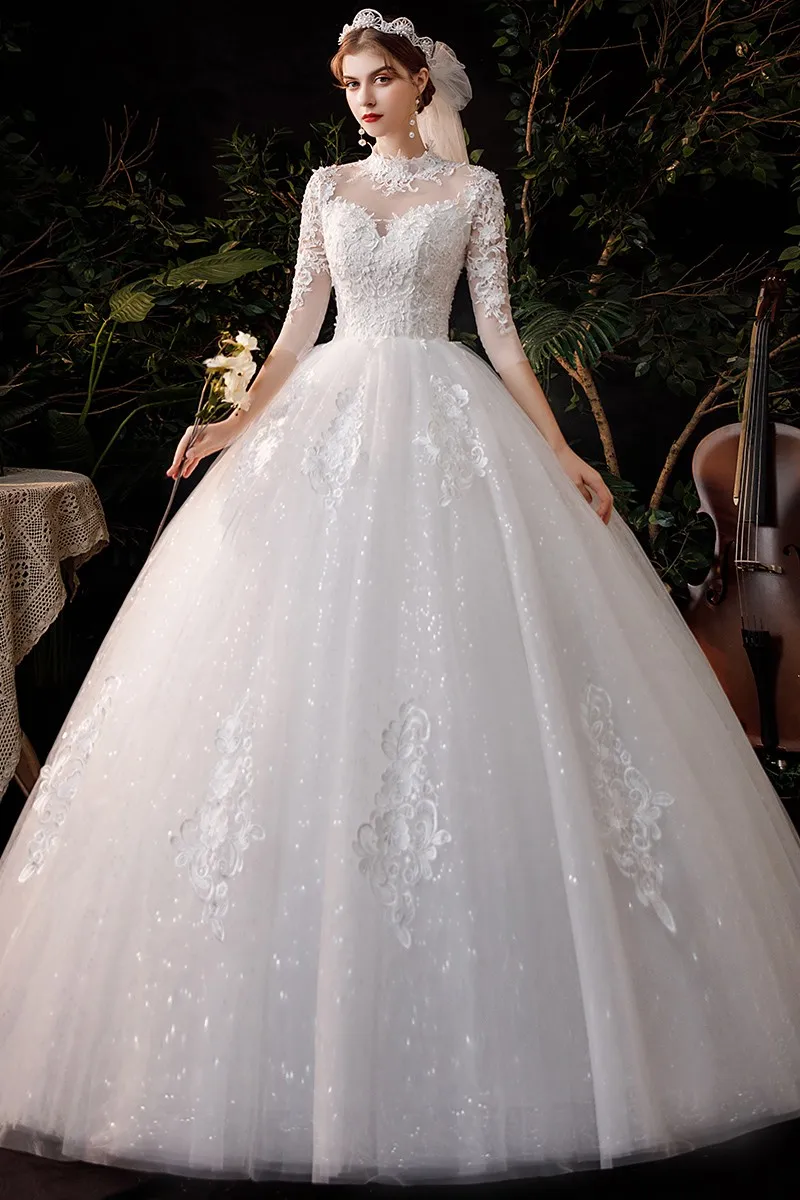 Wedding Dress 2021 Noble Three Quarter Sleeve Bridal Dress Elegant High Neck Ball Gown Princess Vestido De Noiva Plus Customize