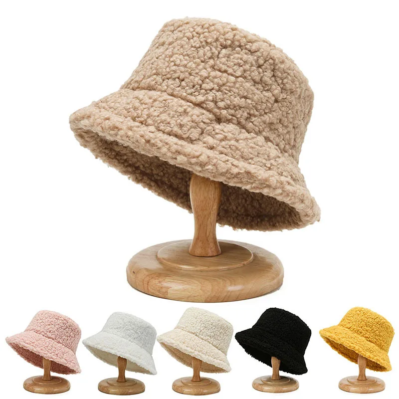 

2021 Unisex Harajuku Bucket Hat Graffiti Solid Women Men Fishing Fisherman Hat Autumn Winter Lamb Wool Outdoor Warm Panama Cap