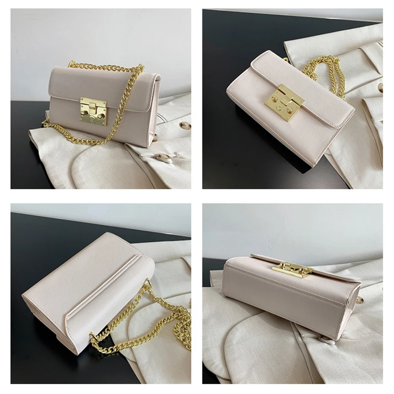 Pure Colors Women Small Square Bags Simple Fashion Metal Buckle Lock Crossbody Shoulder Bags Flap Purses Chain Messenger Bags