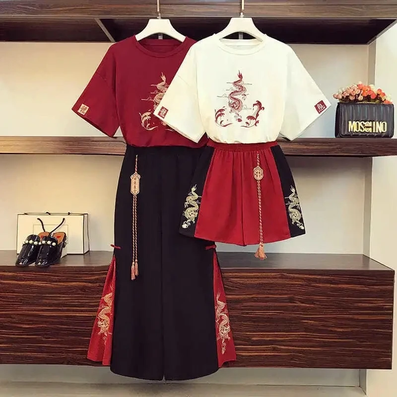 Japanese Harajuku Tee Tops Chinese Style Tang Suit Women Casual T-Shirt Wide Leg Kung Fu Pants Set Oriental Clothing 2022