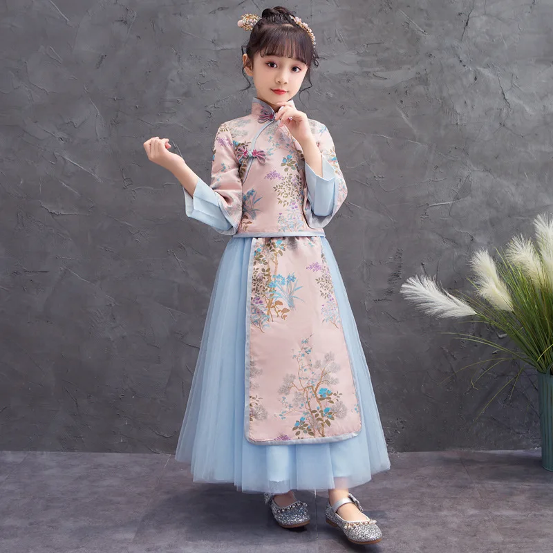 

Girl Autumn Winter New Chinese Style Fairy Hanfu Princess Dress Party Evening Performance Vestido New Year Greeting Cheongsam