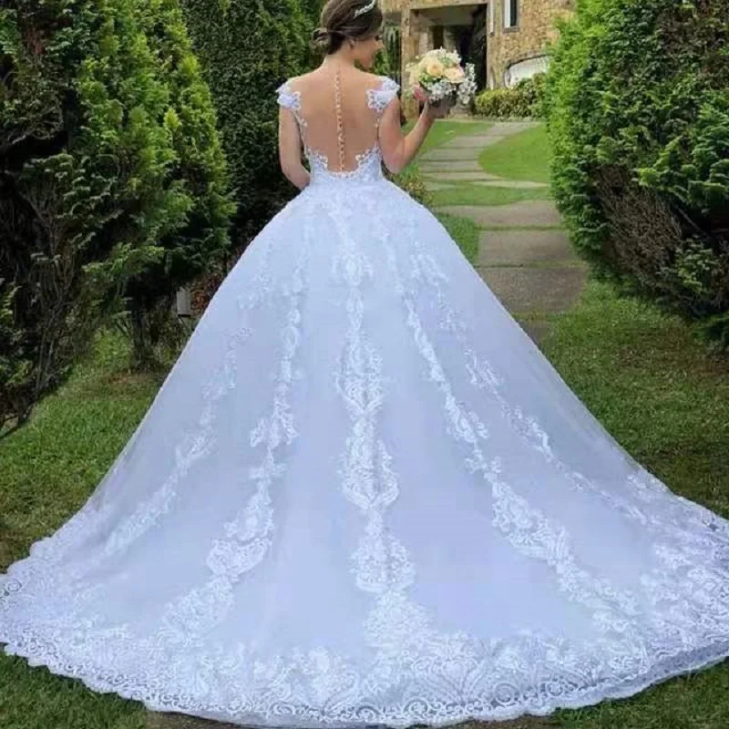 Robe de mariée dos nu brodée princesse, robes de mariée en dentelle de luxe, robes de cou élégantes, 2021