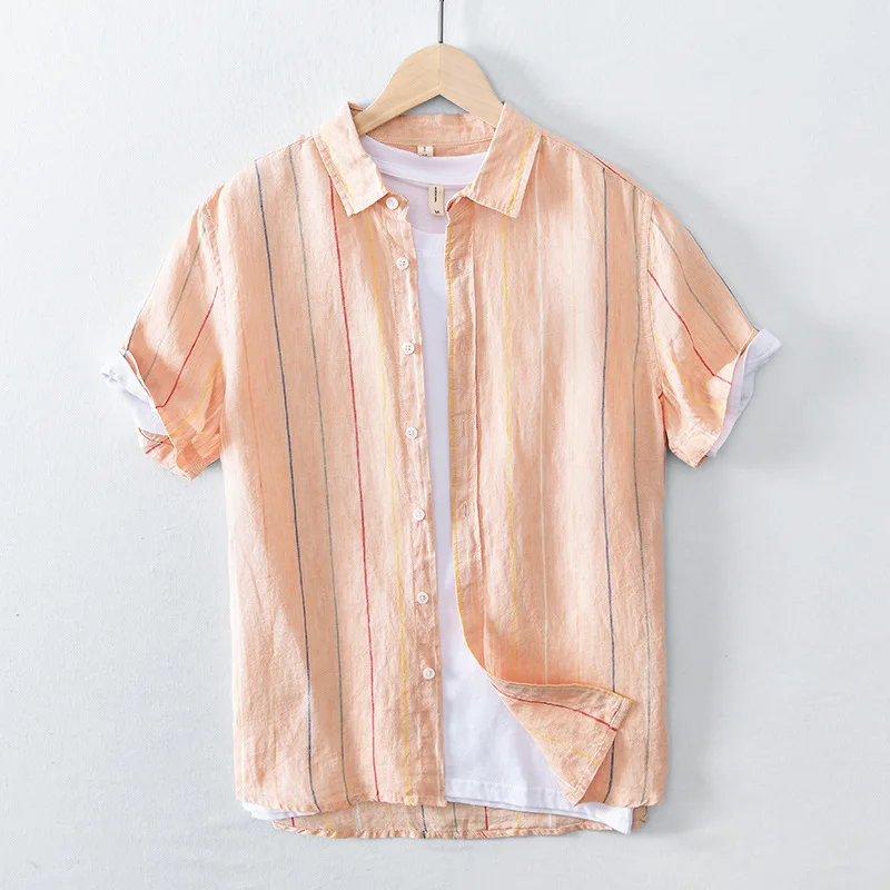 100% Linen Shirts Men Striped Short Sleeve Turn-down Collar Dress Shirt Fashion Casual Flax Tops Male Camisa Men Clothing TS-765