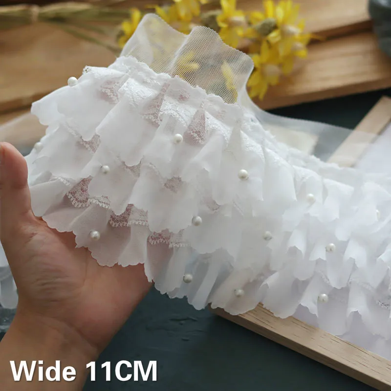 11CM Wide White Three Layers 3d Pleated Chiffon Fabric Beaded Fringe Trim Lace Ribbon Princess Skirts Wedding Dress DIY Sewing