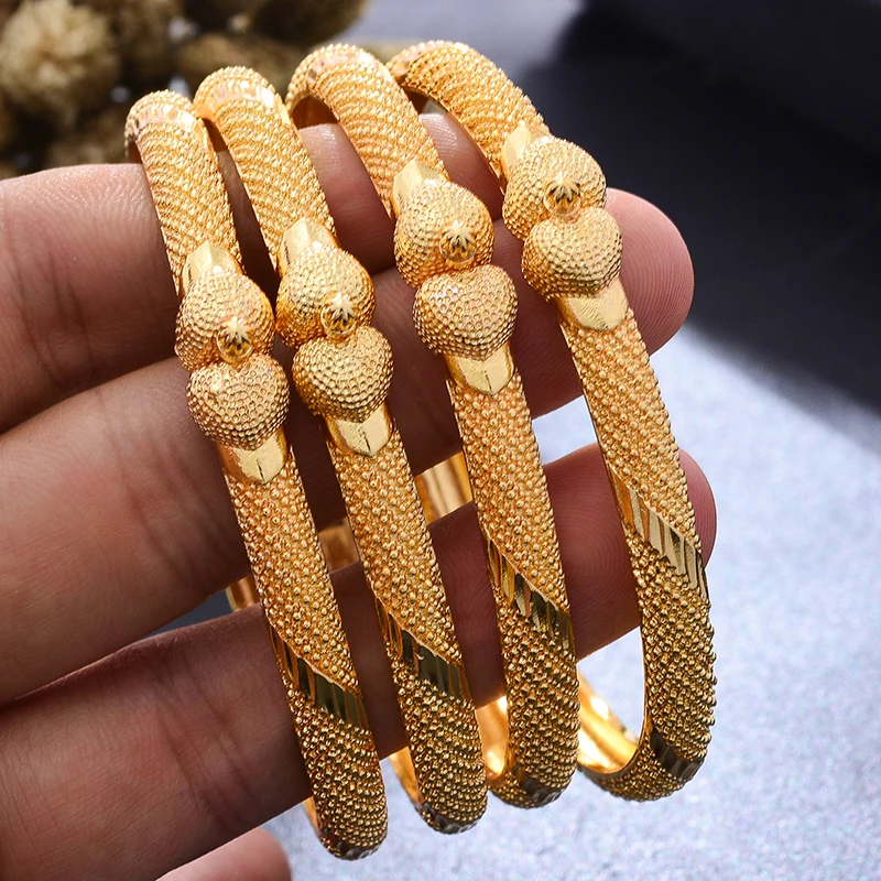 

4pcs/lot Dubai Heart Wedding Gold Color Bangles For Women Girls Bride Ethiopian Bracelet Africa Bangles Arab Jewelry Gold Charm