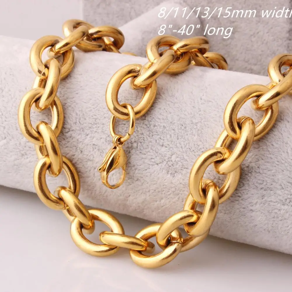 

8/11/13/15mm Fashion Gold Tone Stainless Steel Rolo Oval Link Chain Necklaces for Women Men