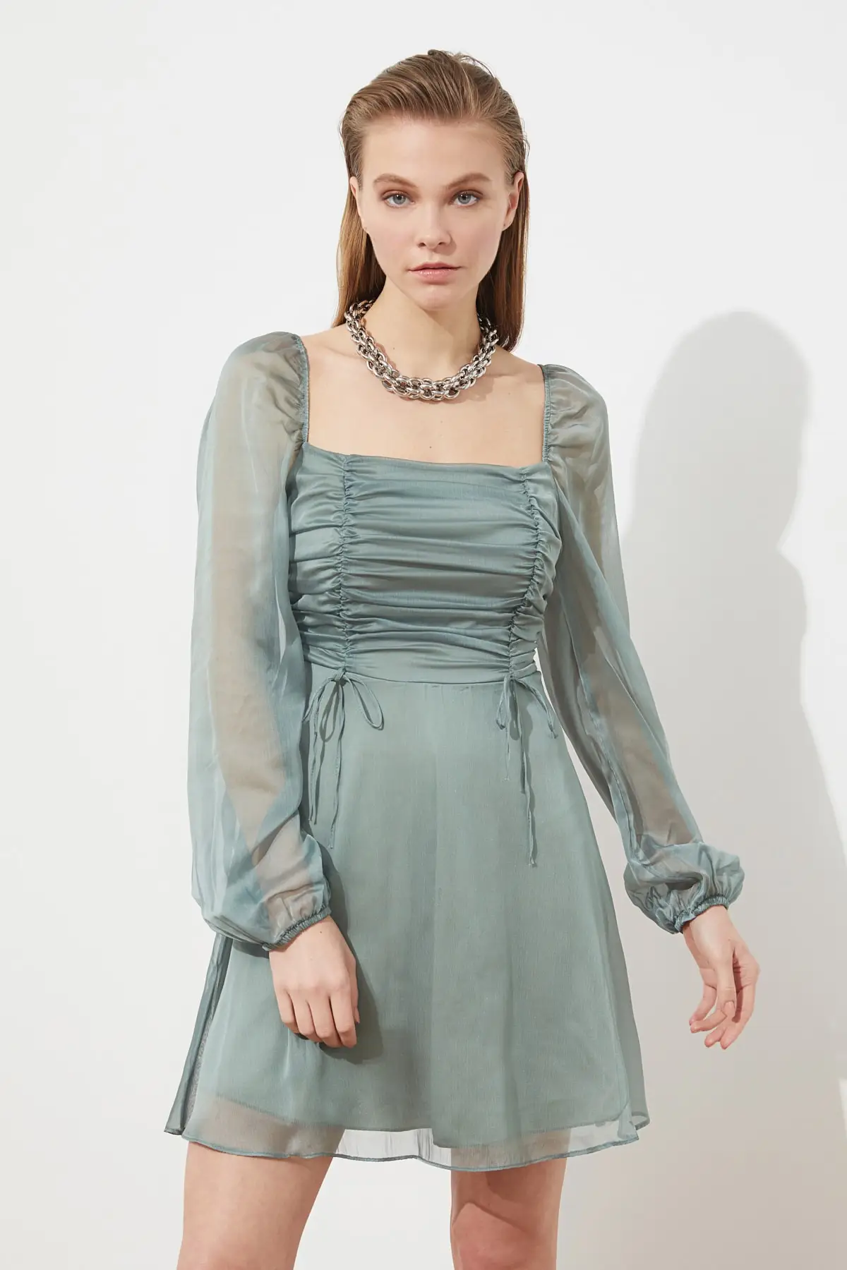 Mint Collar Detailed Chiffon Dress, Women Clothes, Women 'S Utensils, Stylish Dresses