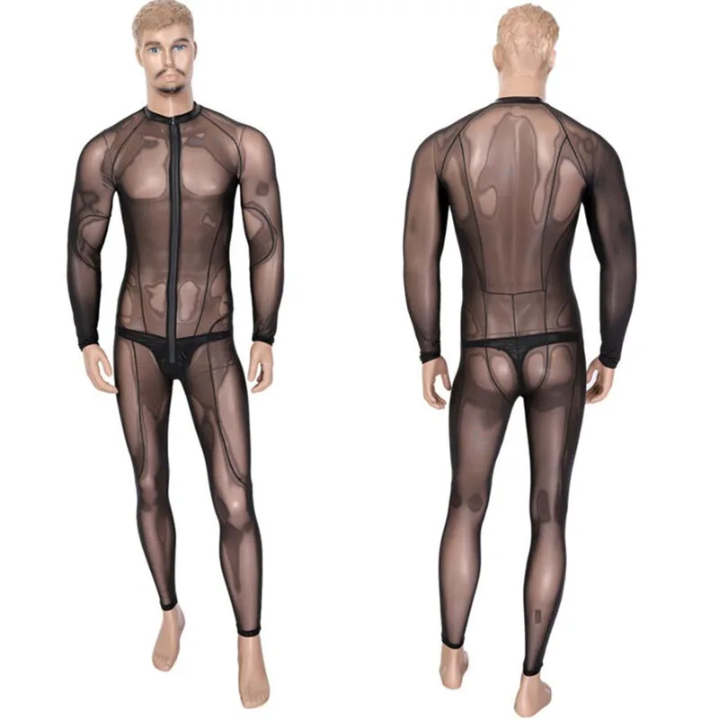 Men See Through Mesh Lingerie Skinny Full Body Bodysuit Long Sleeves Leotard Jumpsuit Muscle Fetish Wear