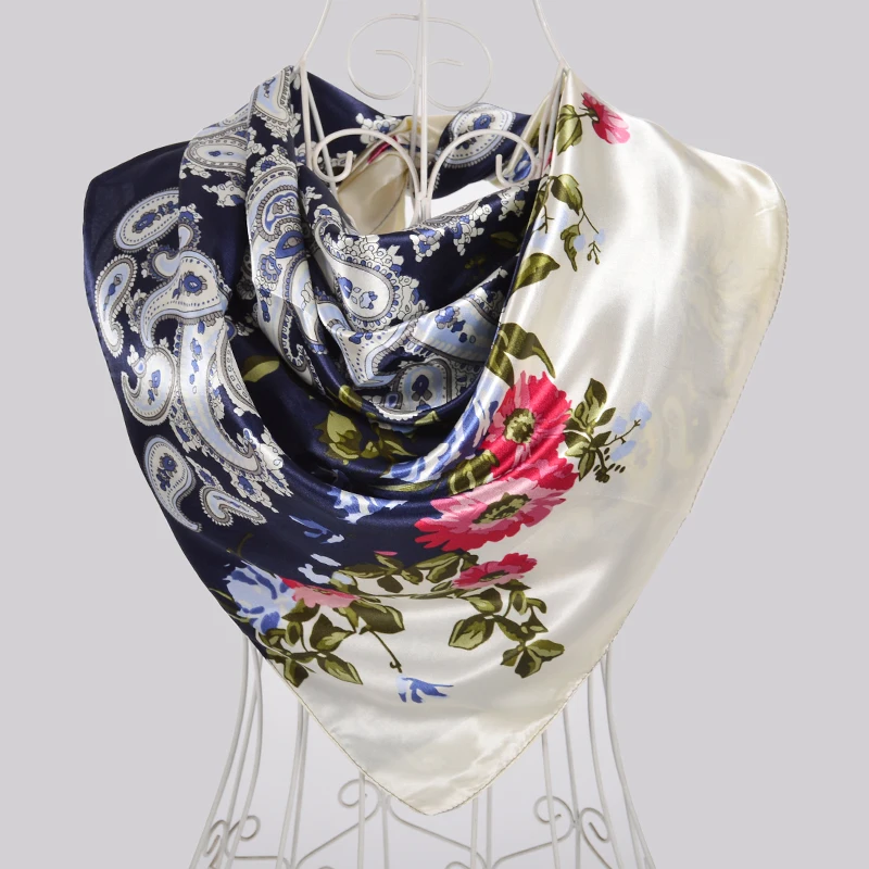 [BYSIFA] Spring Blue White Ladies Silk Scarf Hijab New Luxury Plaisley Satin Square Scarves Wraps Fashion Muslim Head Scarf Cape