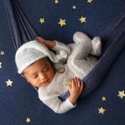 Mohair Baby Romper Hat Set Newborn Photography Props Knitted Wool Bodysuit Long Tail Cap Kit Infants Photo Shooting Clothes