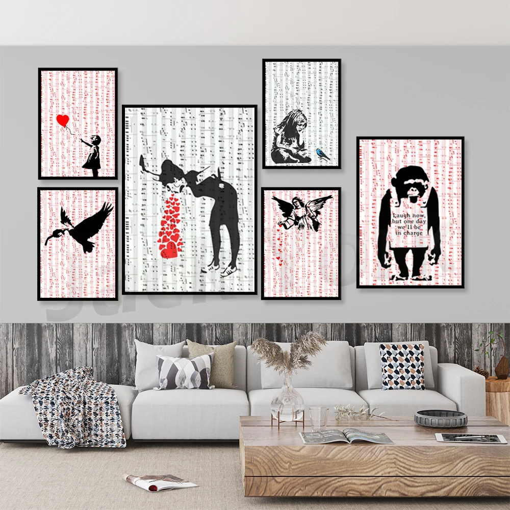 

Banks Graffiti Art Canvas Painting Angel and hearts Posters Print Wall Art Pictures for Living Room Home Decoration Cuadros