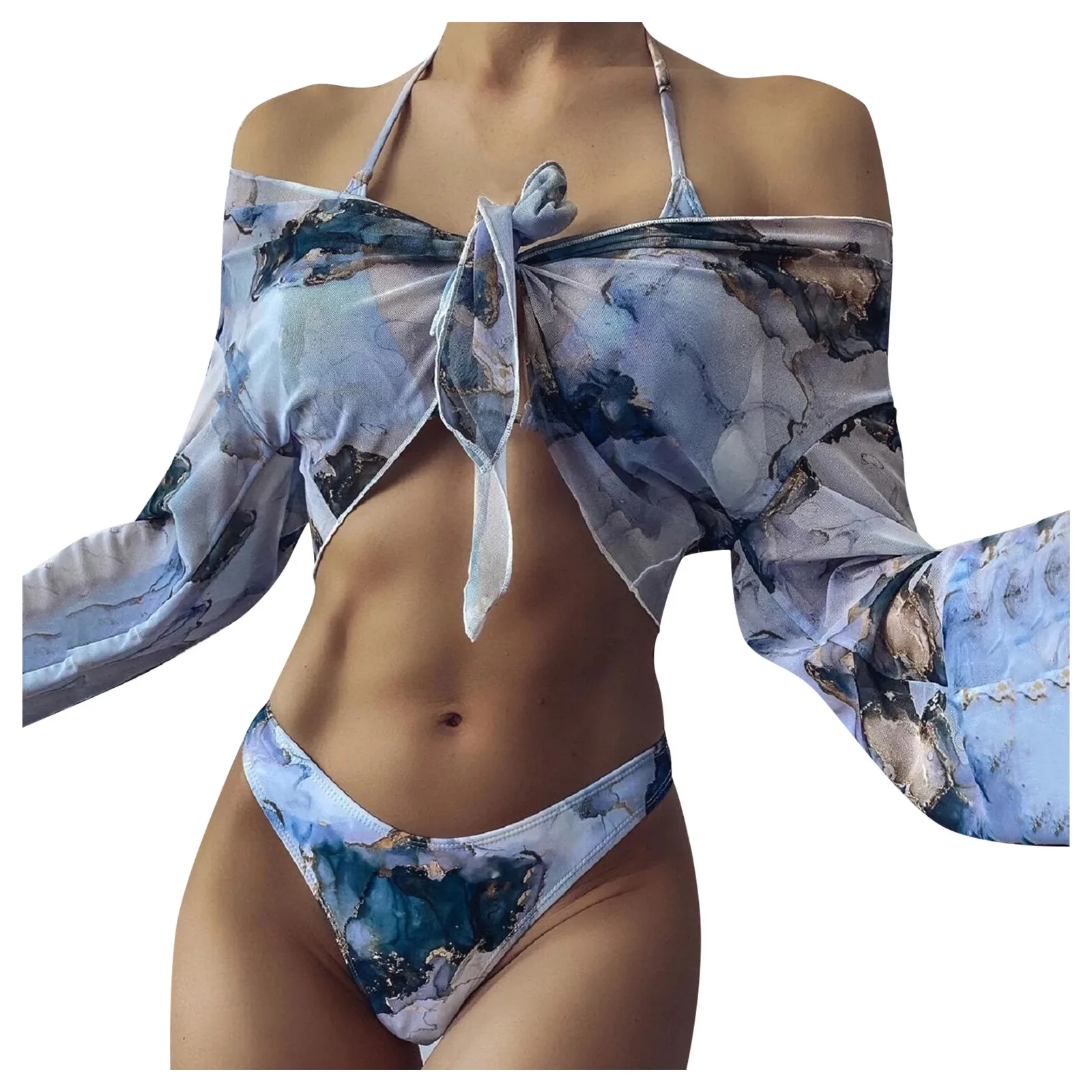 Tie-Dye Print trzyczęściowy kostium kąpielowy damski seksowna siatka Bikini 2022 stroje kąpielowe z długim rękawem kobiety węzeł Biquini Beach Wear