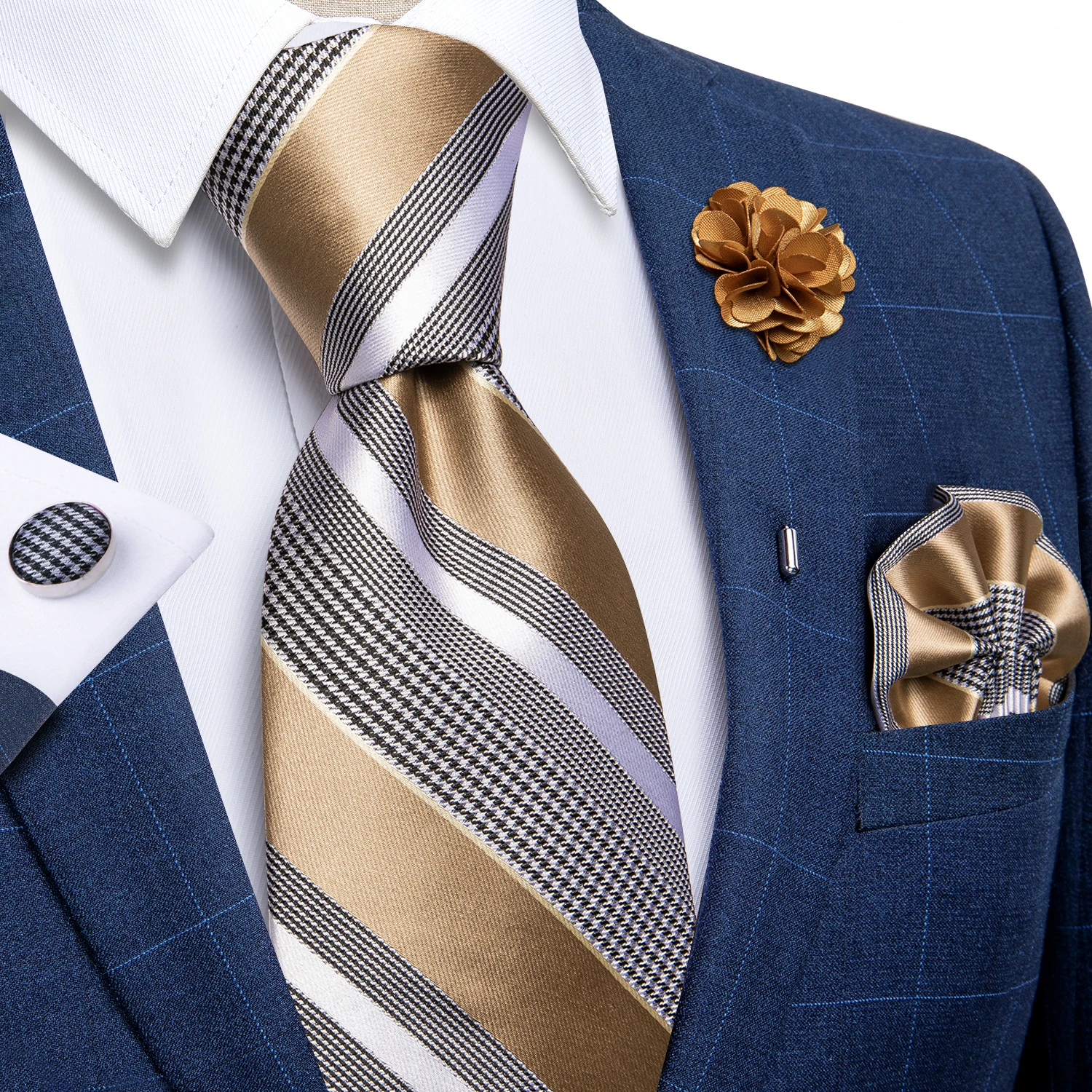 Blaue silberne Paisley-Krawatten für Herren, luxuriöses 8 cm breites Set mit Krawatte, Einstecktuch, Manschettenknöpfen, Brosche, Weihnachtsgeschenke für Männer – Detail 17