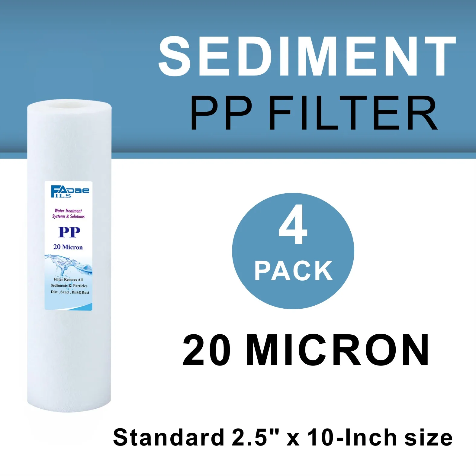 Confezione da 4 cartucce filtranti per acqua in polipropilene soffiato a fusione da 20 Micron diametro 2.5 pollici X 10 pollici di lunghezza-tipo