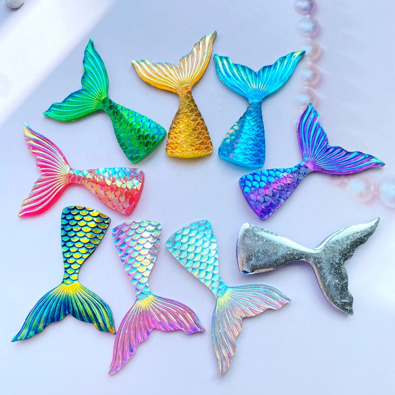 Adorável Brilhante Peixe Cauda Resina Flatback Cabochon Scrapbook, DIY Embellishments Acessórios, Chapeamento de Cores, Kawaii, C95, 10Pcs