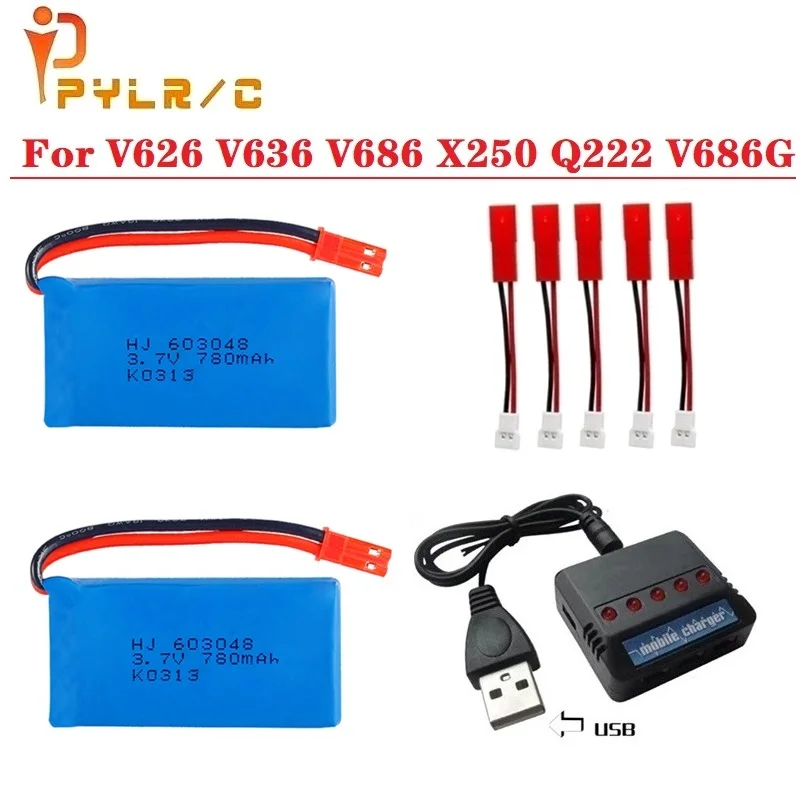 3.7V 780mAh Lithium Battery and Charger For WLtoys V626 V636 V686 X250 Q222 V686G RC quadrocopter parts 3.7V Drone battery