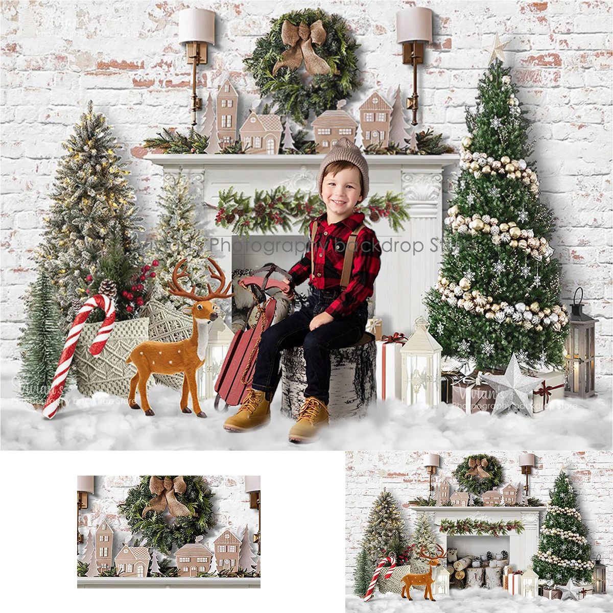 Arrière-plan de photographie de noël pour enfants, accessoires d'anniversaire, couronne d'arbres, décoration de cheminée, papier peint, écrasement de gâteau pour bébé, studio photo