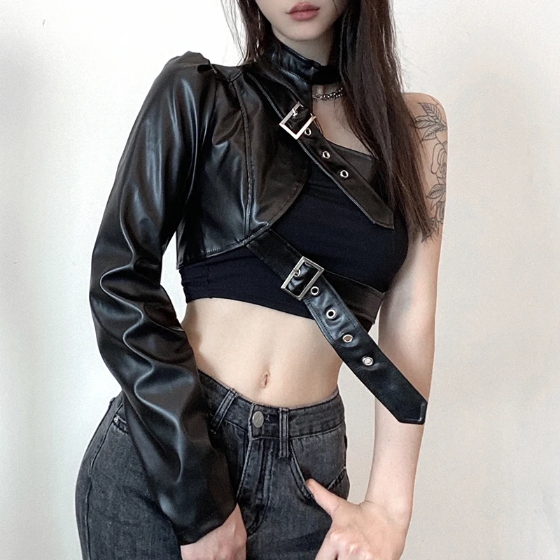 SUCHCUTE Hip Hop Fashion PU Leather Jacket Women Metal Buttons One shoulder Sexy Punk Streetwear Halter Crop Top Goth Techwear