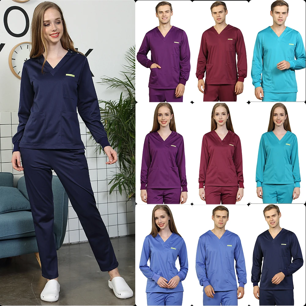 Vrouwen Mannen Zijdeachtige Scrub Uniform Verpleging Werkkleding Effen Kleur Scrubs Set Antistatische Top en Broek Lange Mouw Werkpakken 301-20