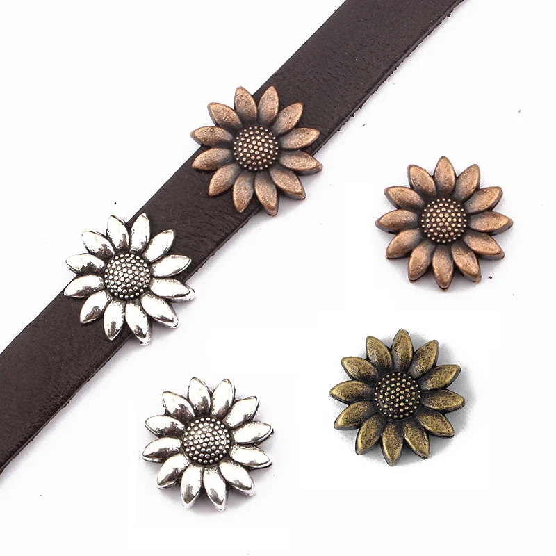 10Pcs Alloy Sun Seed Beads Flowers Slider Spacer Beads For 5mm/10mm/12mm/14mm Flat Leather Cord DIY Jewelry Making Accessories