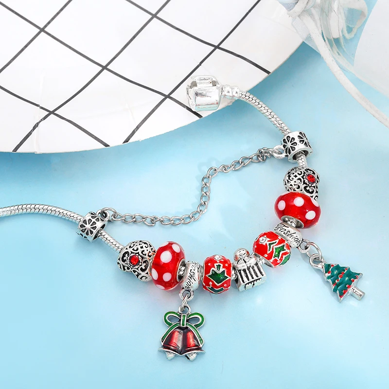 19 Styles Christmas Tree & Bell Pendant Charm Bracelet Silver Color Bracelet For Women Kids DIY Handmade Xmas Jewelry Gift