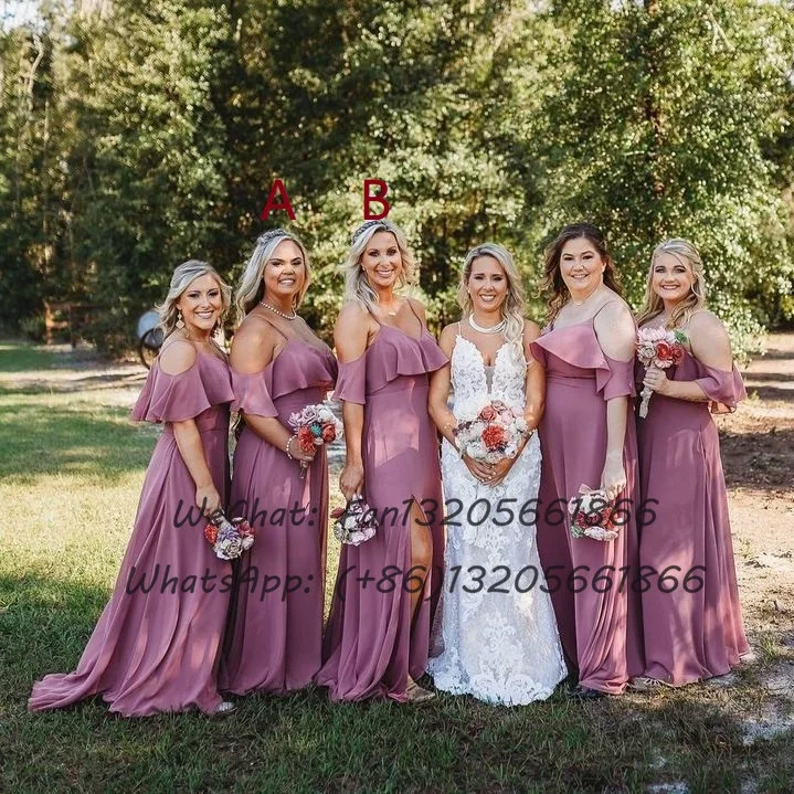 Dusty Rose Long A-line Bridesmaid Dresses Ruffle V-neck Spaghetti Straps Chiffon Wedding Party Dress For Women Maid Of Honor