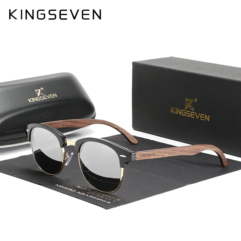 KINGSEVEN Handgefertigte 2023 Sonnenbrille aus schwarzem Walnussholz für Herren, polarisiert, UV400-Schutz, halbrandlose Retro-Brille für Damen, Oculos