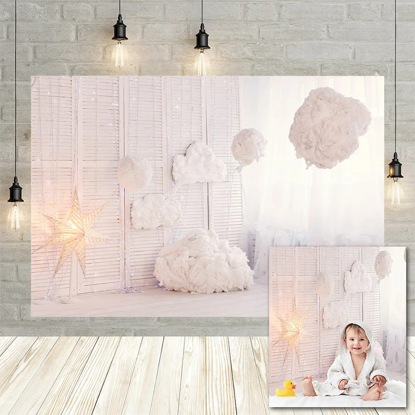 Avezano Photography Backdrops Interior White Wood Wall Curtain Cotton Clouds Gltter Star Baby Shower Background Photo Studio