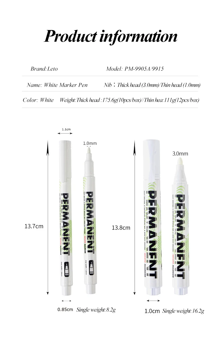 Leto 5/6/10/12Pcs White Waterproof Marker Pen Graffiti Paint Oil Car Tire Permanent 1.0/3.0mm Tip Graffiti Artist Supplies