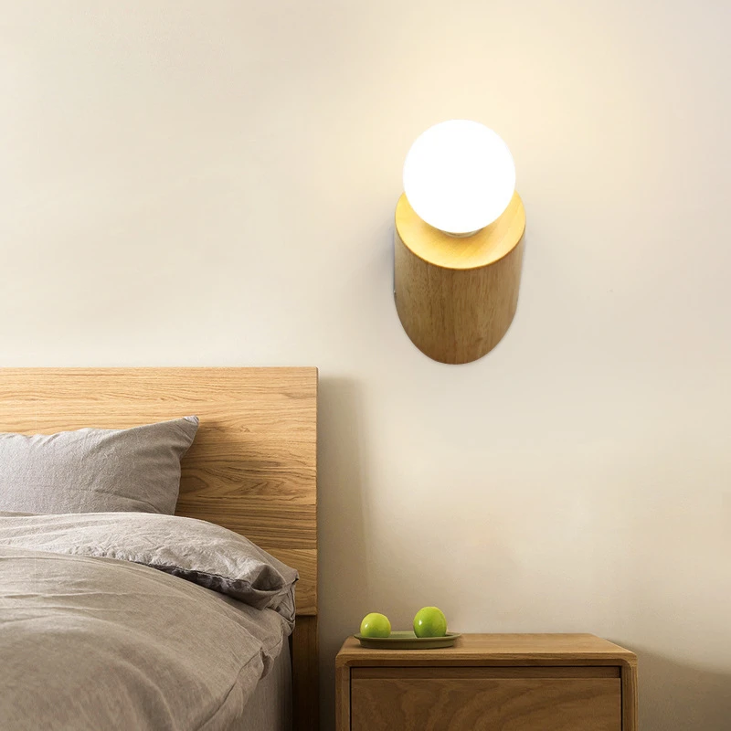 Modern Wood E27 Wall Lights Warmth Simple Wall Lamps Loft Fixtures for Indoor Bedroom Bedside Living Room Corridor Led Sconces