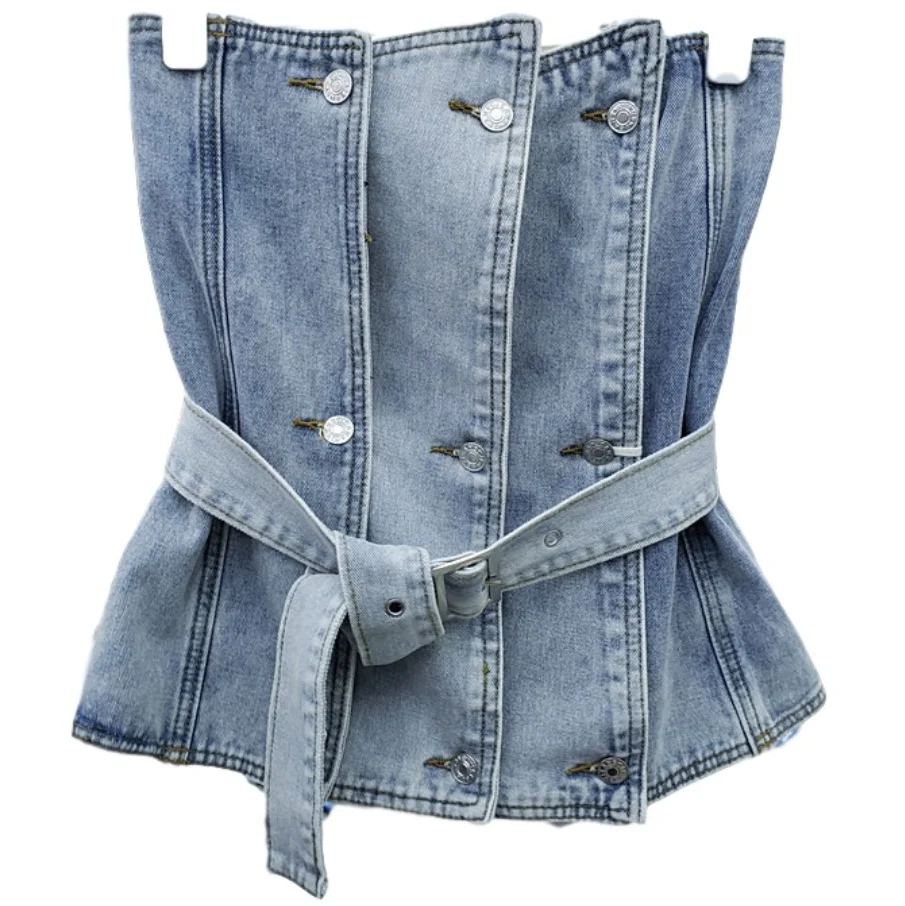 

Summer personality strapless top denim shirt women fashion sleeveless bottoming wraped tops