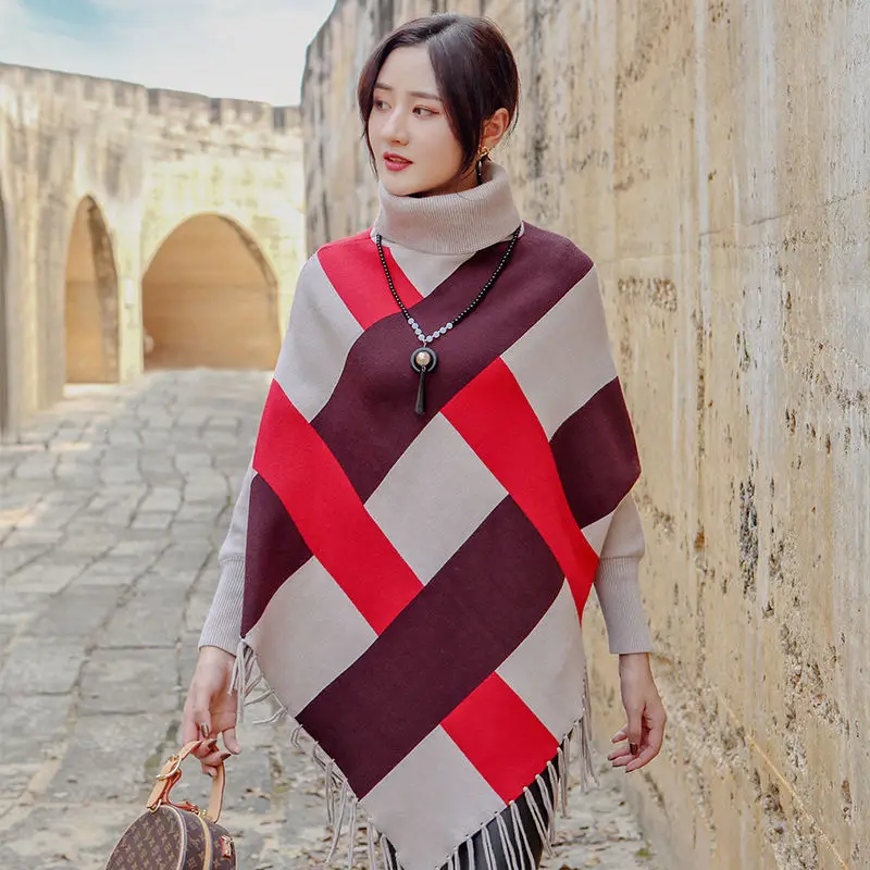 

Fringed cloak jacket female spring and autumn shawl style mid-length bat-shaped turtleneck pullover plaid outer sweater knit