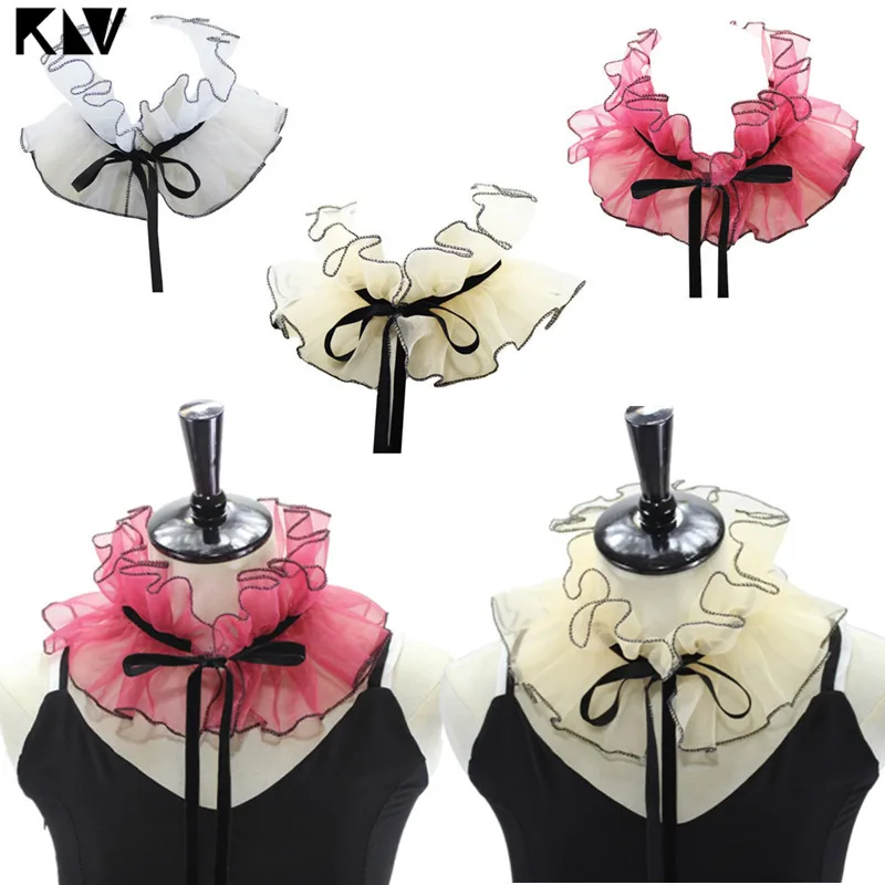 Klv gola falsa estilo vitoriano, vintage, de organza, agaric, babados, traje de cosplay de palco, com laço