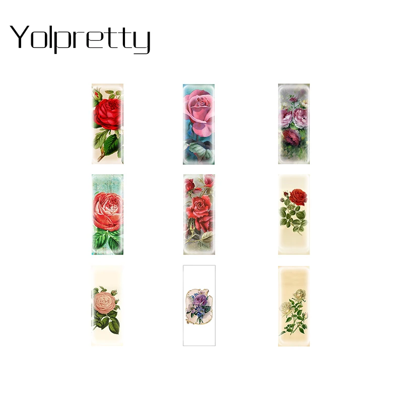 10pcs 10*25mm Rectangle Glass Cabochon vintage rose floral Semi Finished Jewelry Findings Making Componet