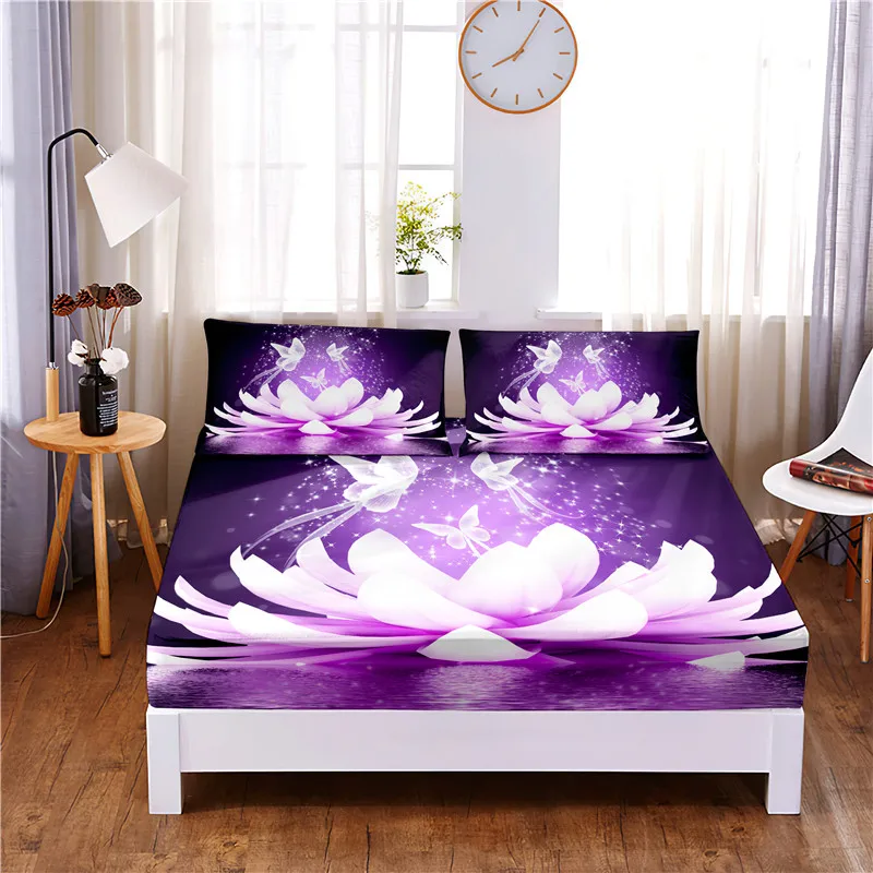 Beautiful Flower Digital Printed 3pc Polyester  Fitted Sheet Mattress Cover Four Corners with Elastic Band Bed Sheet Pillowcases